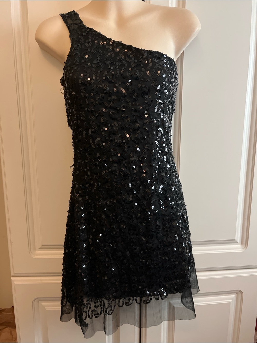 Poetry Black One-Shoulder Sequin Mini Dress Sz S